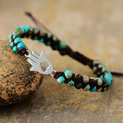 Turquoise Boho Braided Bracelet with Heart Tree and Hand Charm – Handmade Women's Jewelry - STAR8S
