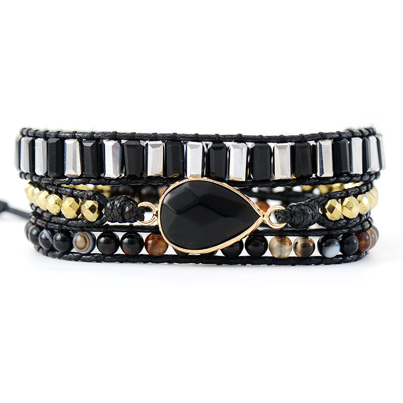 Obsidian Braided Wrap Bracelet - Handcrafted Leather and Crystal Bracelet for Women - STAR8S