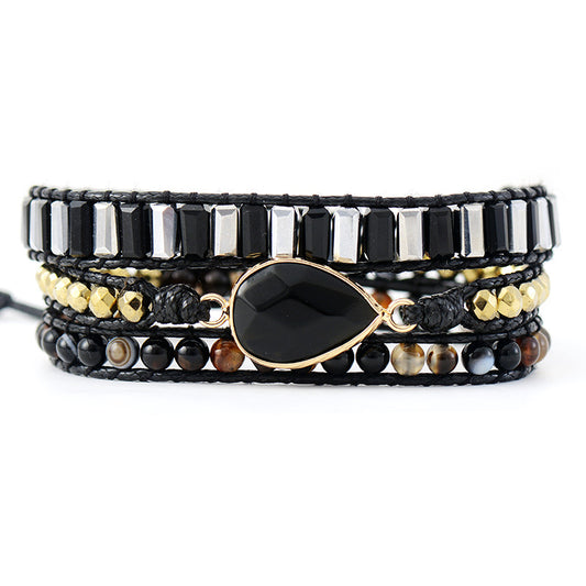 Obsidian Braided Wrap Bracelet - Handcrafted Leather and Crystal Bracelet for Women - STAR8S