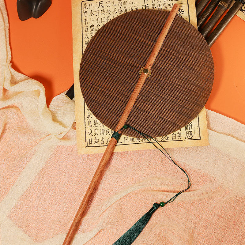 redwood long - handle ancient - style waist fan with apple and bird pattern, rollable and foldable