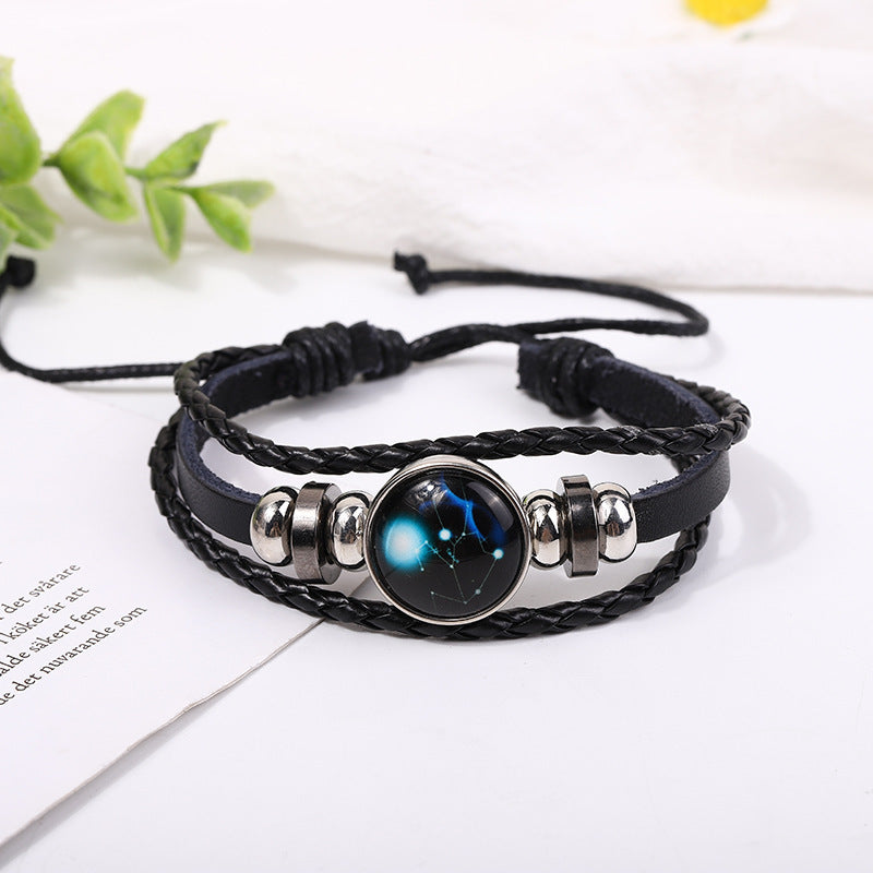 Zodiac Signs Leather Bracelet - Luminous Design, Vintage Style, Unisex Adjustable Bracelet for Couples - STAR8S
