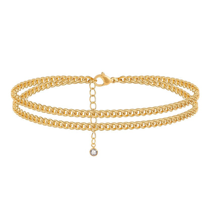 Double Layer Cuban Link Anklet for Women Gold-Tone Curb Chain Ankle Bracelet Adjustable Waterproof Foot Jewelry Beach Vacation Accessories Gift