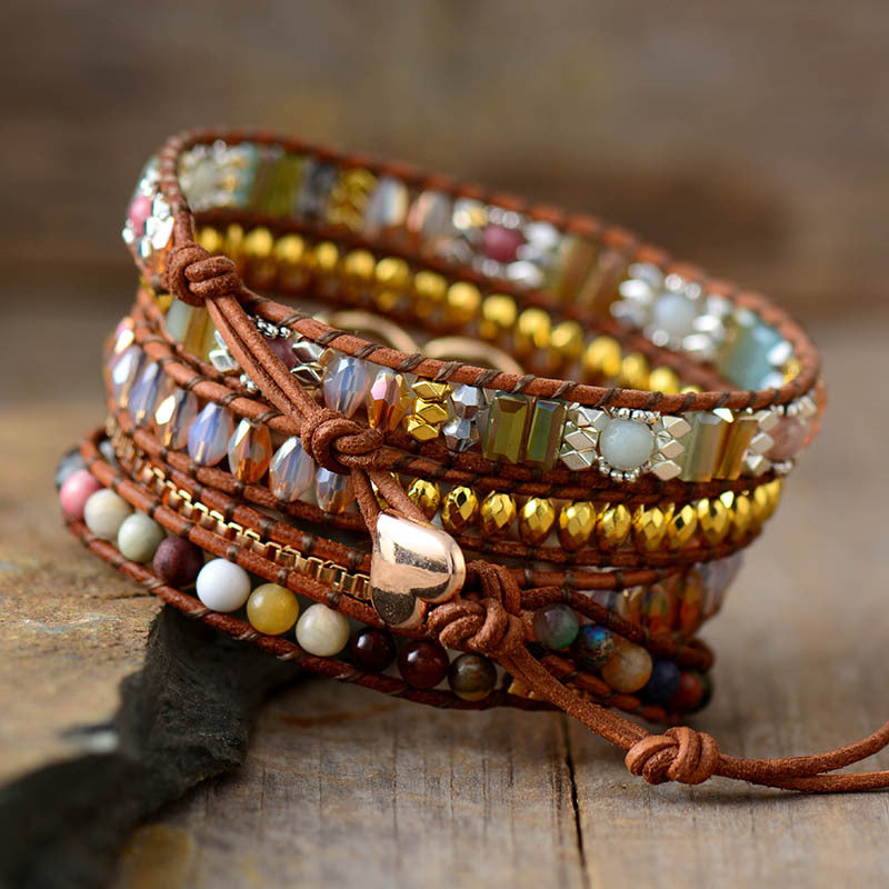 Mixed Stone Heart Boho Wrap Bracelet for Women – Handmade Multi Layer Braided Leather Bracelet - STAR8S