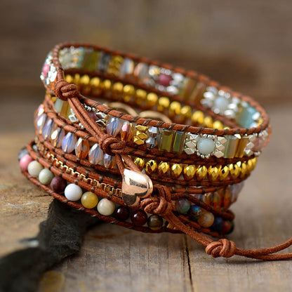Mixed Stone Heart Boho Wrap Bracelet for Women – Handmade Multi Layer Braided Leather Bracelet - STAR8S
