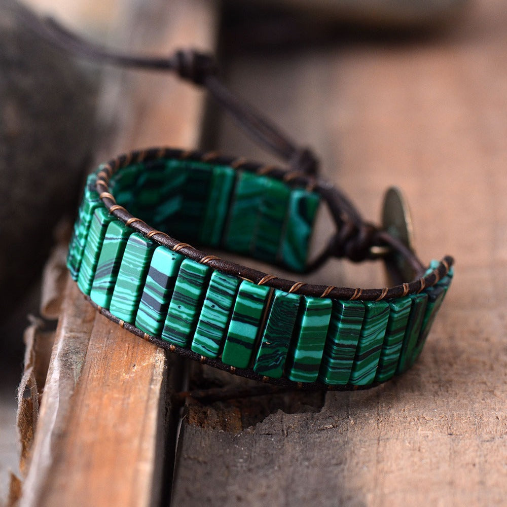 vintage malachite beaded leather bracelet – handmade woven stone & leather wristband - star8s
