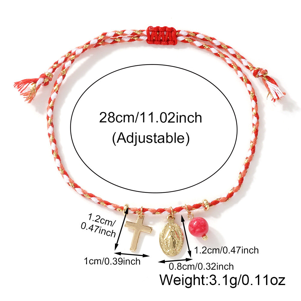 handmade woven cord bracelet for women men gold plated cross pendant oval virgin mary miraculous medal adjustable protection blessing braided cotton rope jewelry gift
