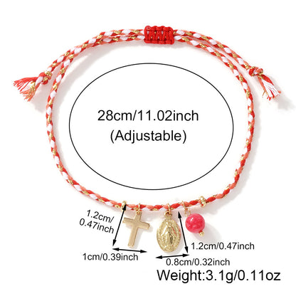 Handmade Woven Cord Bracelet for Women Men Gold Plated Cross Pendant Oval Virgin Mary Miraculous Medal Adjustable Protection Blessing Braided Cotton Rope Jewelry Gift