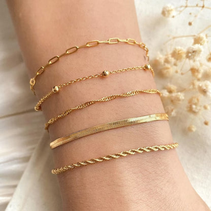 5-Piece Bracelet Set for Women, Electroplated Brass Chain Bracelets with Herringbone, Rope, Twisted, Paperclip and Bead Station Designs, Adjustable Lobster Clasps, 6.7 Inch Length with 1.5 Inch Extenders, Layering Jewelry for Everyday Wear and Gift G