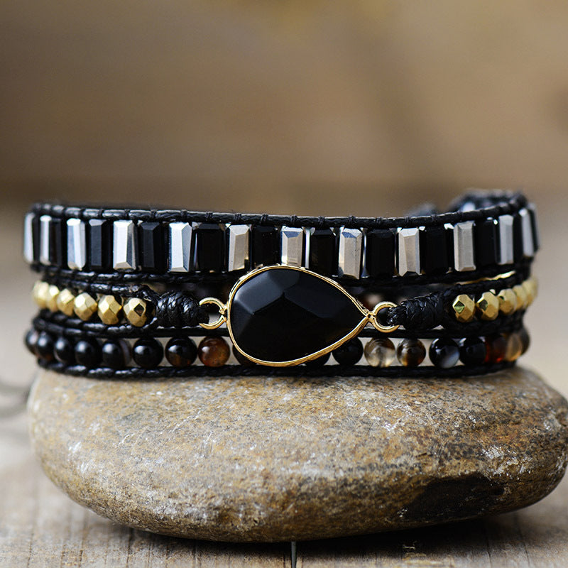 obsidian braided wrap bracelet - handcrafted leather and crystal bracelet for women - star8s