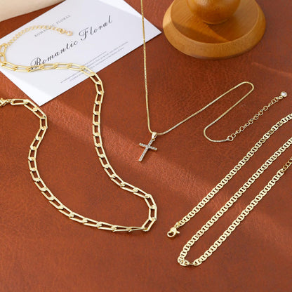 Layered Cross Necklace Set for Women, 3 Gold-Tone Electroplated Brass Chains with Sparkling Cross Pendant, Flat Link and Paperclip Styles, 15, 16 and 18 Inch Lengths with 2 Inch Extenders, Lobster Clasps, Everyday Jewelry for Blouses, Dresses and Swe