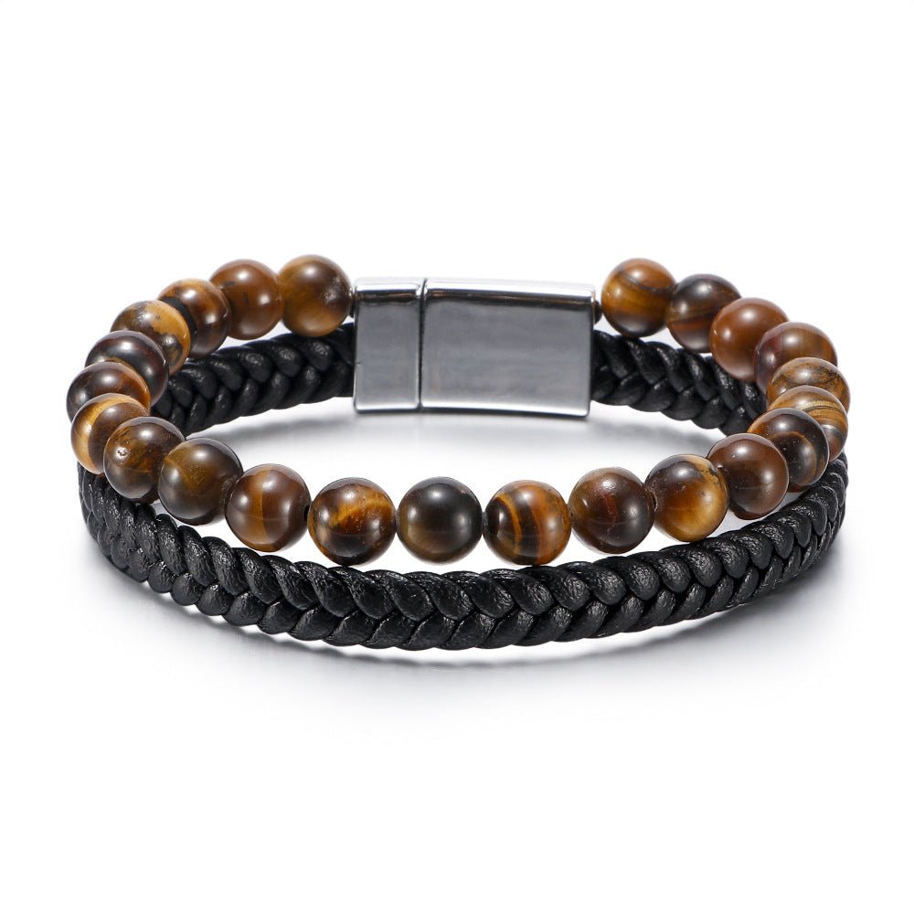 Men’s Beaded Stone Bracelet - Tiger Eye Beads with Genuine Leather Cord - Natural Stone and Agate Bracelet - STAR8S
