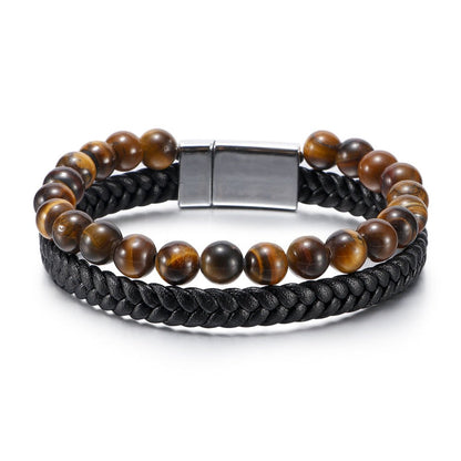 Men’s Beaded Stone Bracelet - Tiger Eye Beads with Genuine Leather Cord - Natural Stone and Agate Bracelet - STAR8S