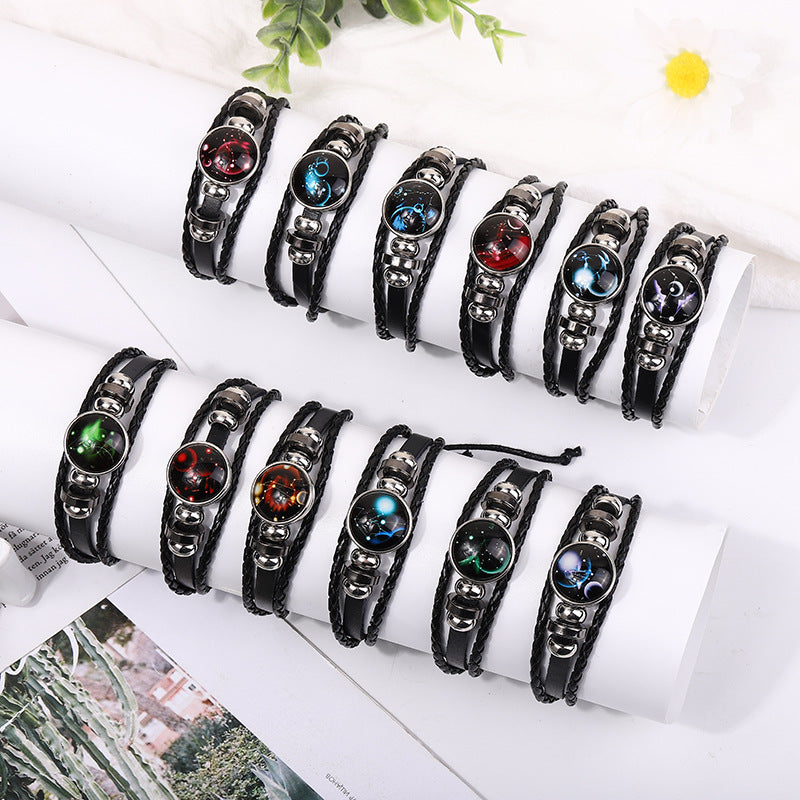 Zodiac Signs Leather Bracelet - Luminous Design, Vintage Style, Unisex Adjustable Bracelet for Couples - STAR8S