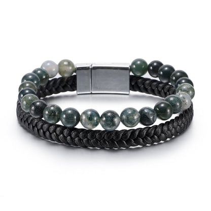 Men’s Beaded Stone Bracelet - Tiger Eye Beads with Genuine Leather Cord - Natural Stone and Agate Bracelet - STAR8S