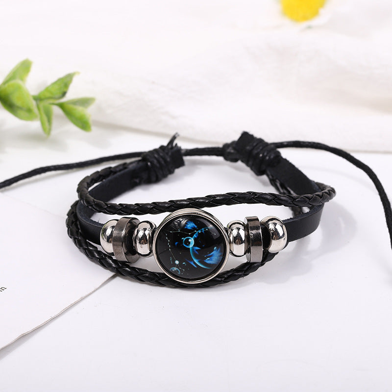 Zodiac Signs Leather Bracelet - Luminous Design, Vintage Style, Unisex Adjustable Bracelet for Couples - STAR8S