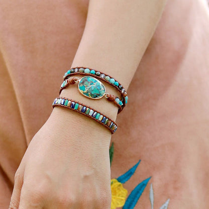 Handmade Turquoise Egg Boho Bracelet with Crystal Beads – Fashionable Vintage Braided Leather Wrap Bracelet for Women - STAR8S