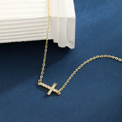 Gold-tone Cross Brass Bracelet for Women Dainty Sideways Cross Chain Bracelet Sparkly Cubic Zirconia Faith Charm Jewelry Gift Adjustable Lobster Clasp