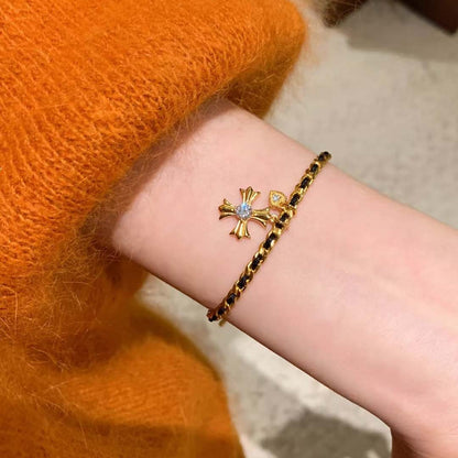 Gold Tone Cross Woven Chain Bracelet for Women Interwoven Black Thread Braided Cord Gothic Cross Charm Bracelet Adjustable Luxury Aesthetic Fashion Jewelry Gift