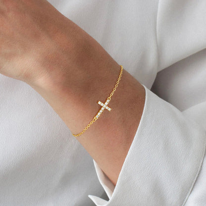 Gold-tone Cross Brass Bracelet for Women Dainty Sideways Cross Chain Bracelet Sparkly Cubic Zirconia Faith Charm Jewelry Gift Adjustable Lobster Clasp