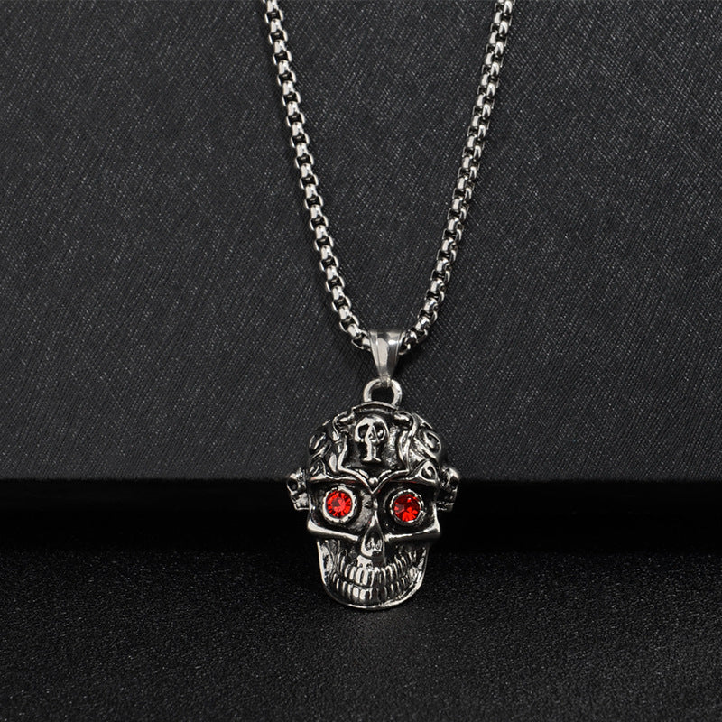men's punk skull pendant necklace with red rhinestone eyes stainless steel box chain hip hop streetwear gothic biker skull jewelry heavy duty stainless steel pendant for men