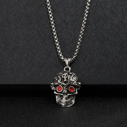 Men's Punk Skull Pendant Necklace with Red Rhinestone Eyes Stainless Steel Box Chain Hip Hop Streetwear Gothic Biker Skull Jewelry Heavy Duty Stainless Steel Pendant for Men