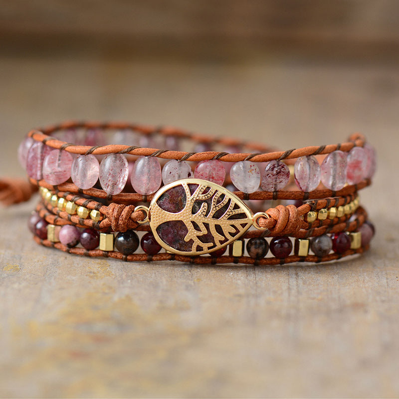 strawberry crystal drop wrap bracelet - handcrafted leather and gemstone women's jewelry - star8s