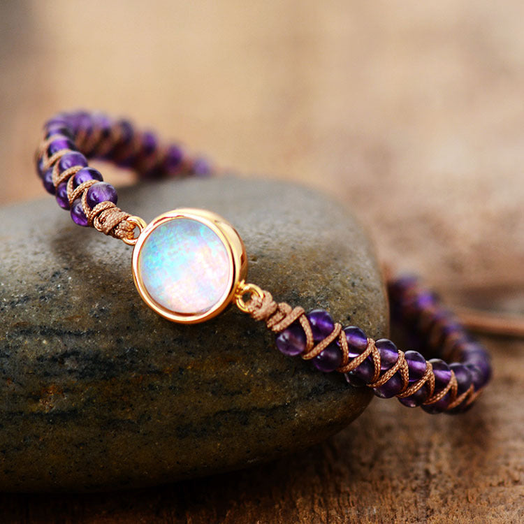 amethyst & opal double layer braided bohemian bracelet – handmade adjustable jewelry - star8s