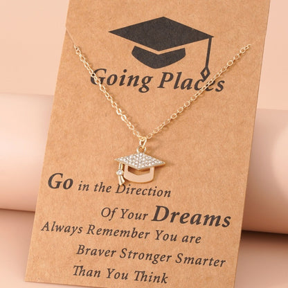 Trendy Rhinestone Graduation Cap Pendant Necklace for Women Girls Gold Plated Class of 2026 Doctoral Mortarboard Charm Choker Chain Memorial Jewelry Gift with Inspirational Card Going Places