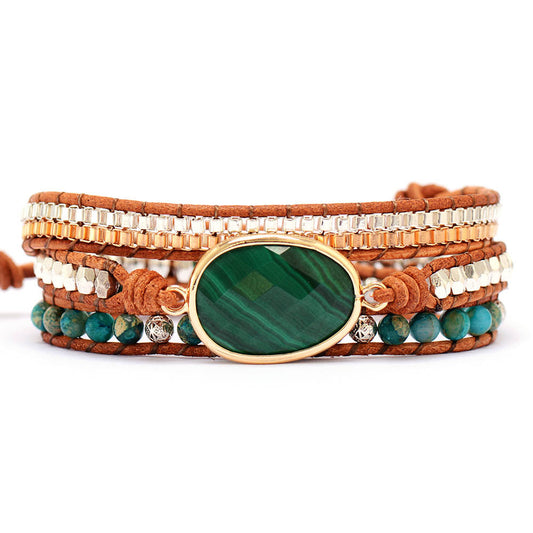 Natural Malachite 3-Wrap Leather Braided Bracelet - Fashion Jewelry for Women - STAR8S