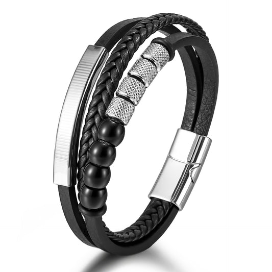 Men’s Buckle Bracelet – Multi-Layer Leather & Natural Stone Beads with Zinc-Alloy Magnetic Clasp - STAR8S