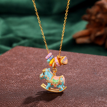 Chinese Zodiac Horse Silver Necklace – S925 Enamel Macaron Color Rocking Horse Pendant - STAR8S