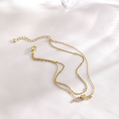 Gold-Tone Double-Layer Heart Anklet for Women, Electroplated Brass Adjustable Zircon Charm Ankle Bracelet, Dainty Summer Foot Jewelry