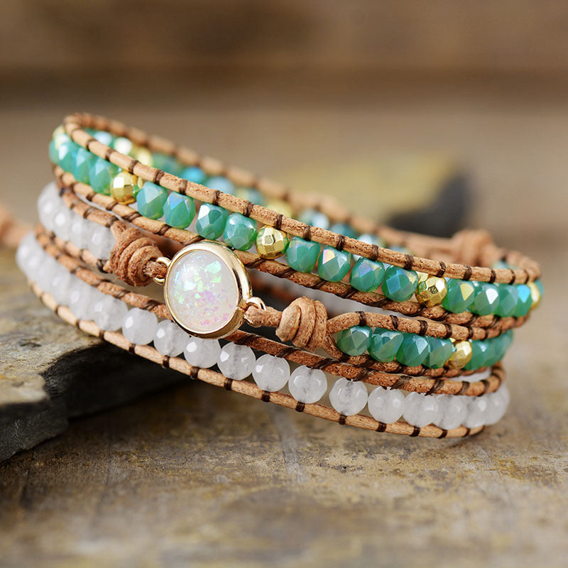 opal wrap boho bracelet for women – 3 layer leather crystal beaded handmade bracelet - star8s