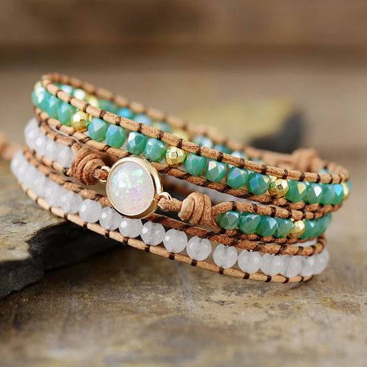 Opal Wrap Boho Bracelet for Women – 3 Layer Leather Crystal Beaded Handmade Bracelet - STAR8S