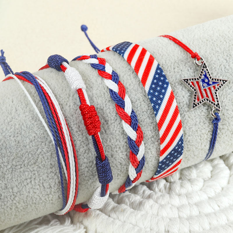 4th of july patriotic bracelets set red white and blue independence day braided rope bracelets pack memorial day american flag star charm woven string stackable jewelry gift for women men 5pcs