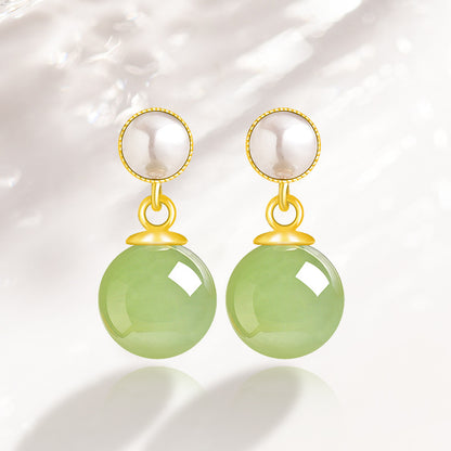 S925 Silver Inlaid Natural Hetian Jade Green Ball Earrings – Minimalist Women’s Jewelry