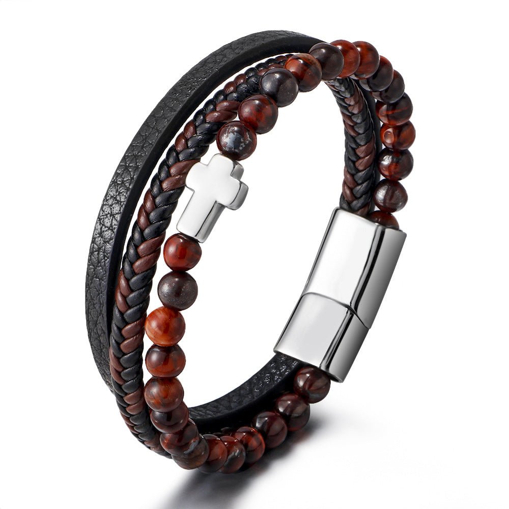 Stainless Steel Cross Bracelet for Men - Natural Tiger Eye Agate Stone Multi-Layer Woven Leather Bracelet - STAR8S
