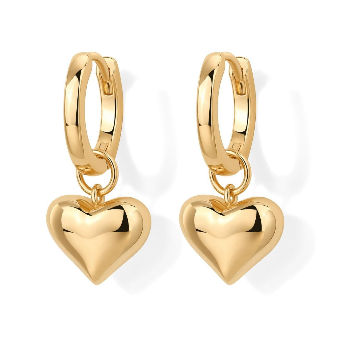 lightweight shiny gold puffy heart charm huggie earrings comfortable secure click closure dainty dangling heart drop hoops for daily wear sensitive ears