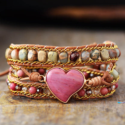 Rhodonite Heart Bracelet – Handmade 3-Layer Braided Leather Wrap Bracelet for Women - STAR8S