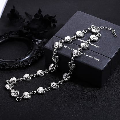 Vintage Gothic Heart Link Chain Necklace for Men Women Antique Silver Carved Hearts Choker Collar Punk Streetwear Unisex Jewelry Gift