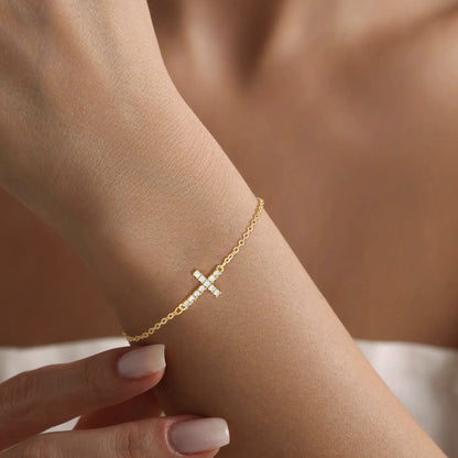 Gold-tone Cross Brass Bracelet for Women Dainty Sideways Cross Chain Bracelet Sparkly Cubic Zirconia Faith Charm Jewelry Gift Adjustable Lobster Clasp