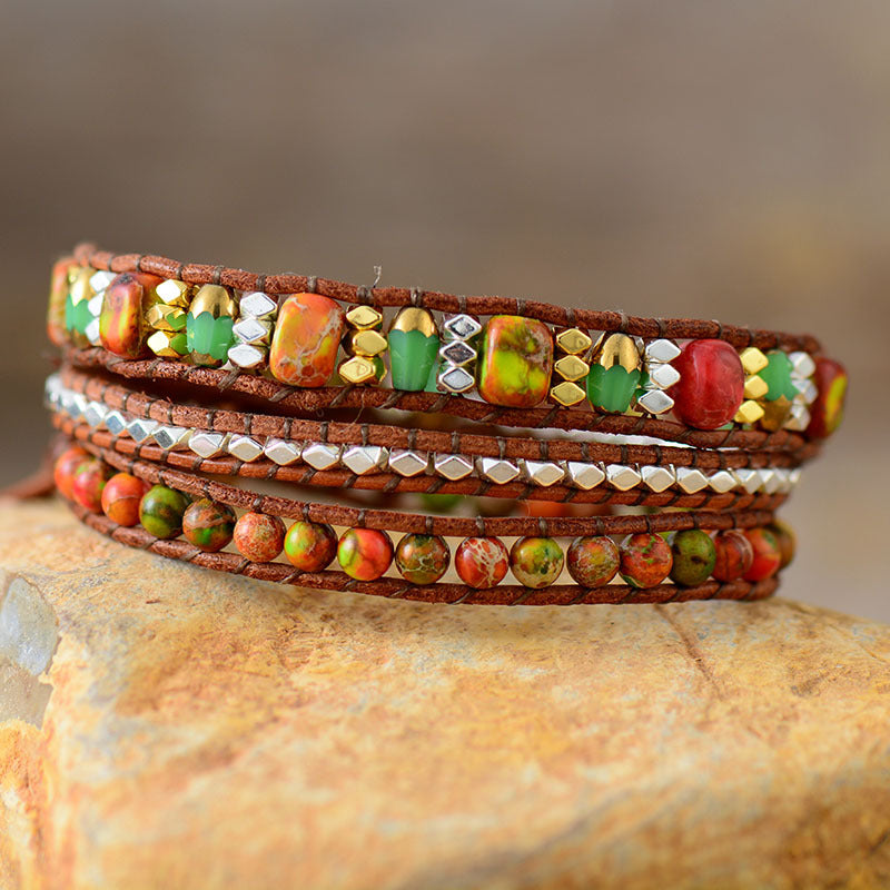 imperial jasper boho wrap braided leather bracelet – handmade 3 wrap natural stone bracelet - star8s