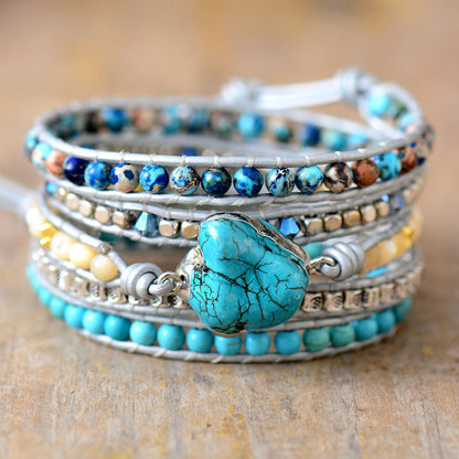 Turquoise Wrap Bracelet - Handmade Multi-Layered Beaded Leather Bracelet with Heart Pendant - STAR8S