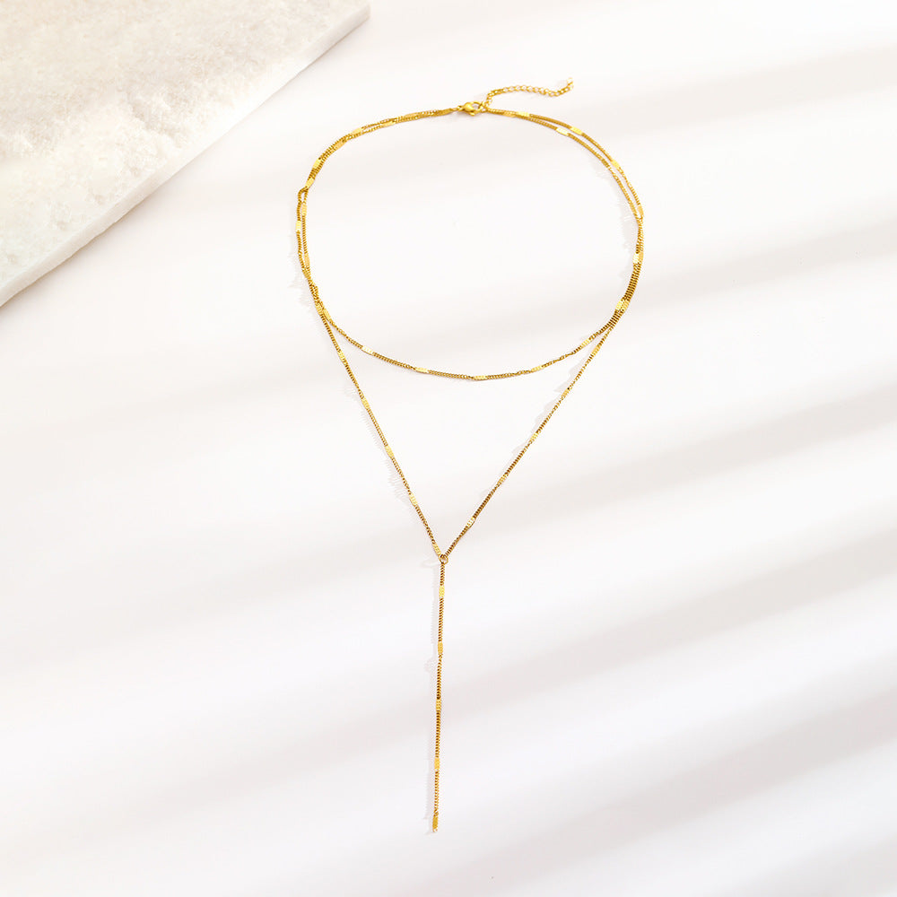 stainless steel layered y necklace for women gold tone double strand lariat necklace dainty lip chain textured bar tassel pendant sexy cleavage choker body jewelry gift