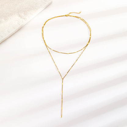 Stainless Steel Layered Y Necklace for Women Gold Tone Double Strand Lariat Necklace Dainty Lip Chain Textured Bar Tassel Pendant Sexy Cleavage Choker Body Jewelry Gift