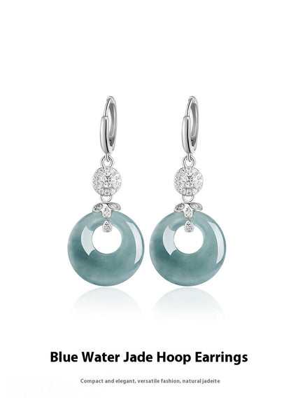 S925 Silver Natural Jadeite Jade Ring Blue Water Earrings – Fashion Women’s