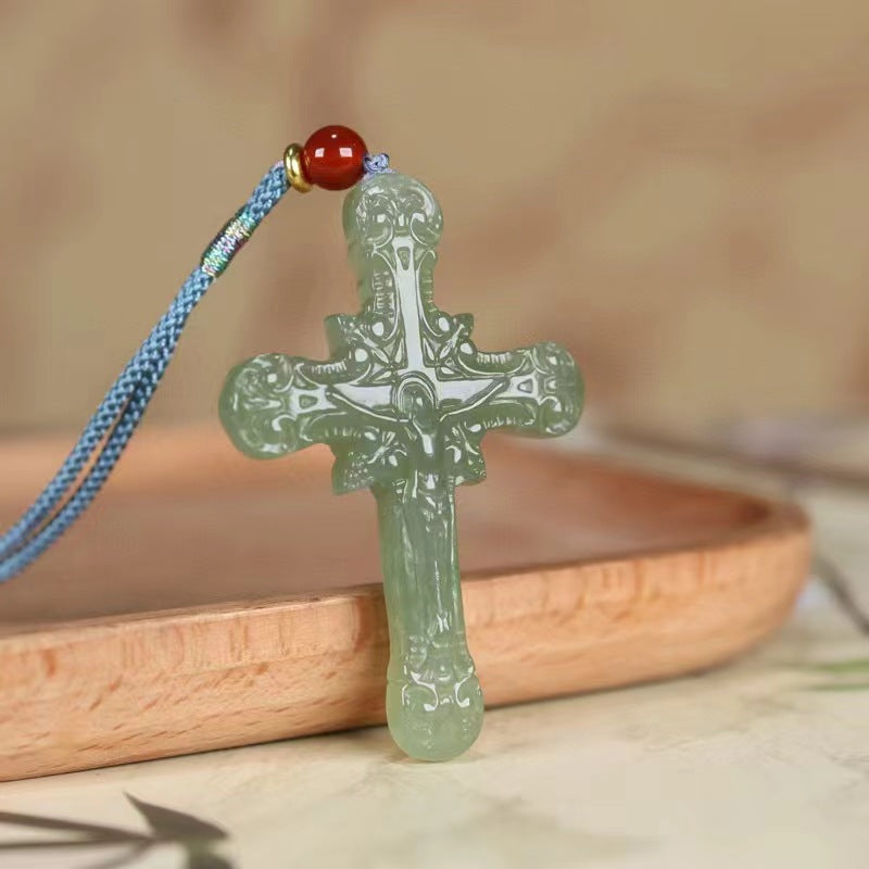 natural hetian jade cross necklace - men & women, green jade pendant gift