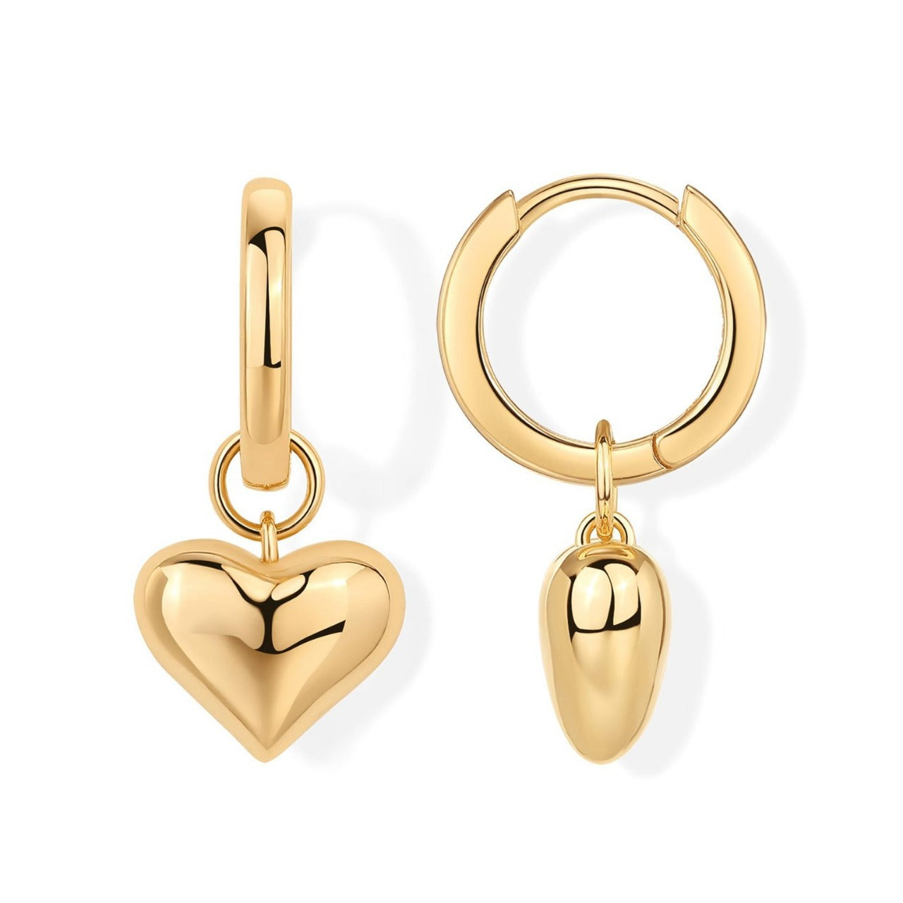 lightweight shiny gold puffy heart charm huggie earrings comfortable secure click closure dainty dangling heart drop hoops for daily wear sensitive ears
