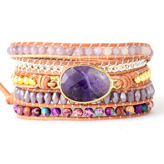 Egg Amethyst Boho Leather Braided Bracelet Handmade Wrap Bracelet - STAR8S
