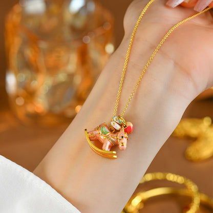 Chinese Zodiac Enamel Rocking Horse Necklace – Pink Macaron Style with High-Temperature Enamel and Gold Accents - STAR8S